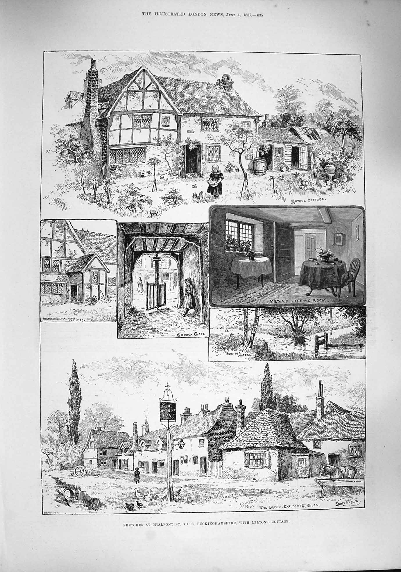 Old Antique Print 1887 Chalfont St. Giles Buckinghamshire Milton Cottage 19th