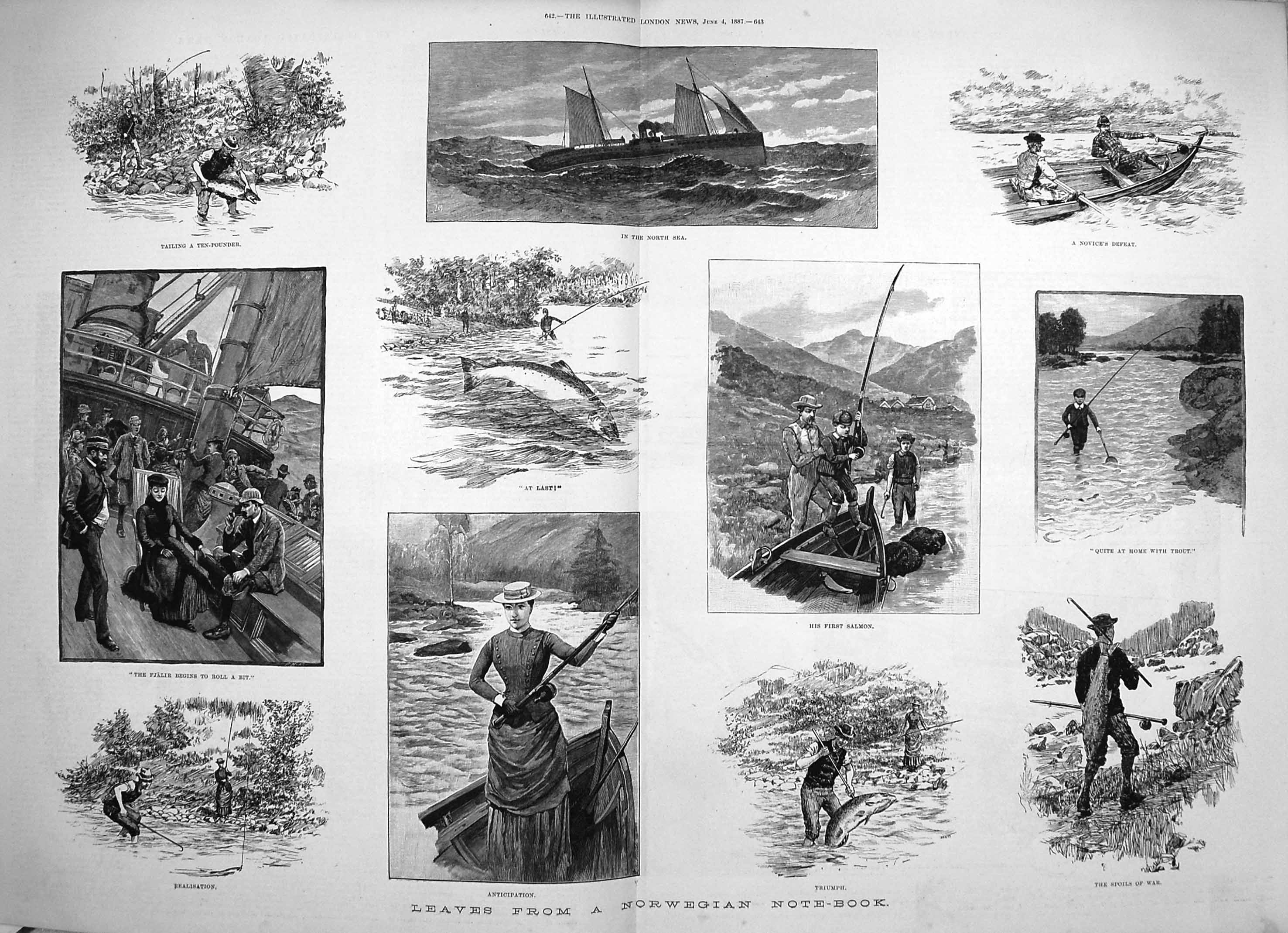 Old Antique Print 1887 Norway Fishing North Sea River Boat Fjalir Ship 19th