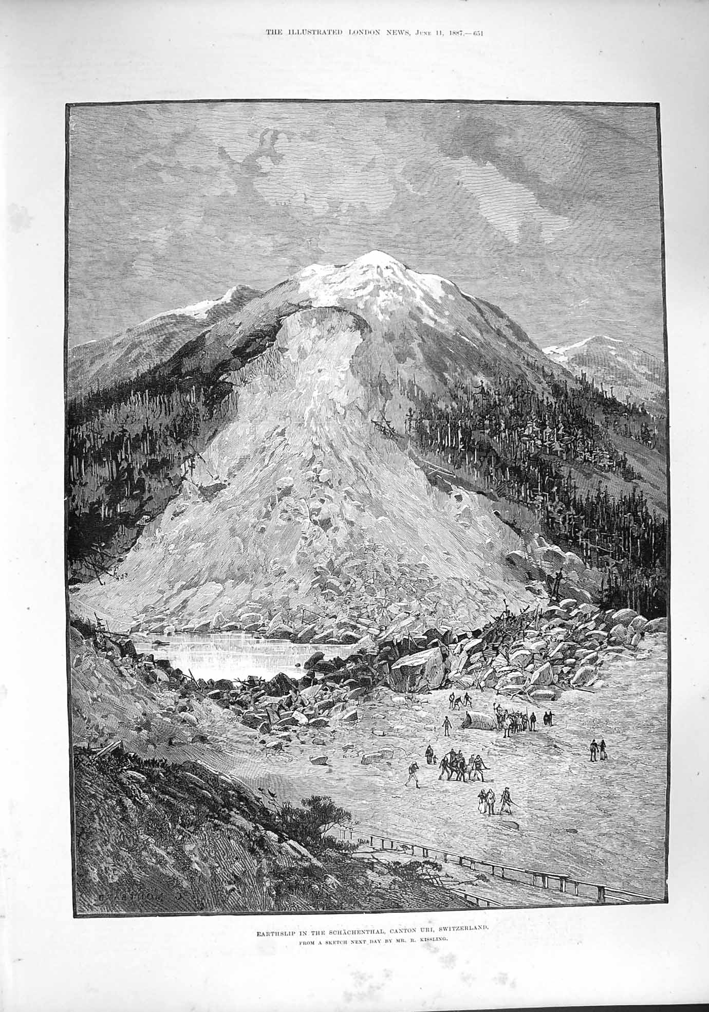 Original Old Antique Print 1887 Earthslip Schachenthal Canton Uri Switzerland