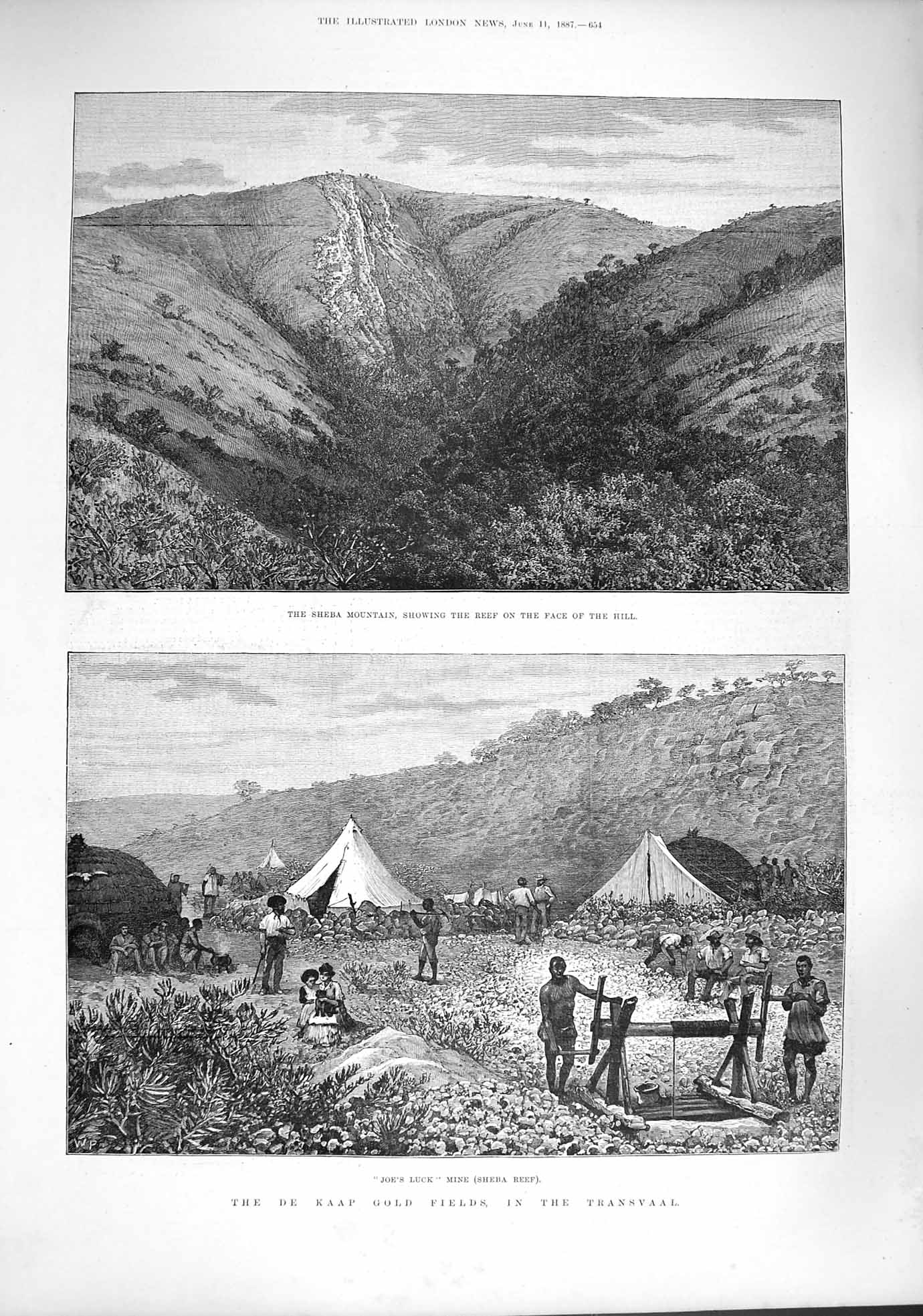 Original Old Antique Print 1887 Kaap GFields Transvaal Sheba Mountain Joe'S