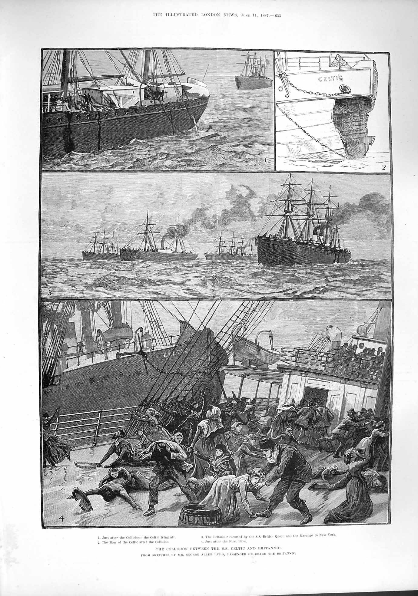 Old Antique Print 1887 Ships Crash Celtic Britannic British Queen Marengo 19th