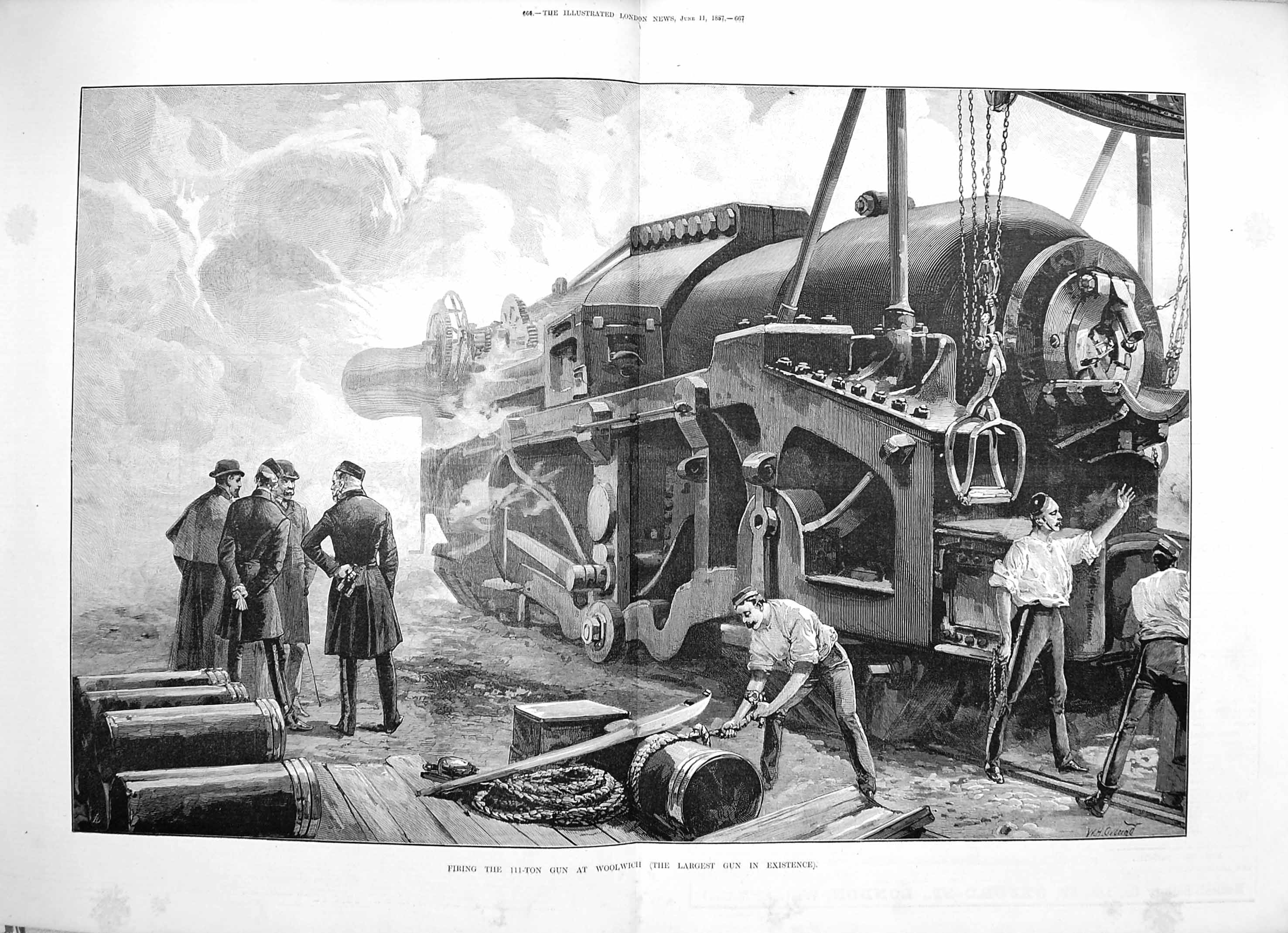 Old Antique Print 1887 Firing 111-Ton Gun Woolwich War Weapons Fine Art 19th