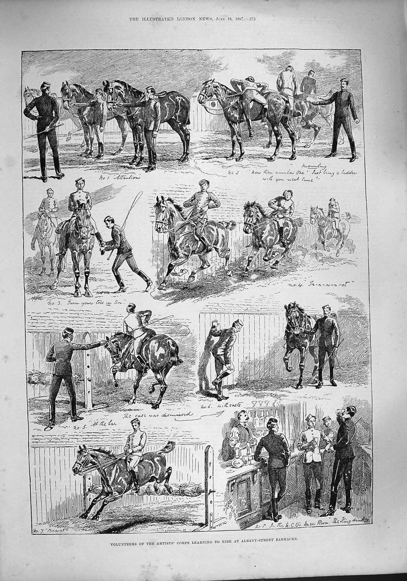 Original Old Antique Print 1887 Volunteers Corps Horse Riding Albany Barracks