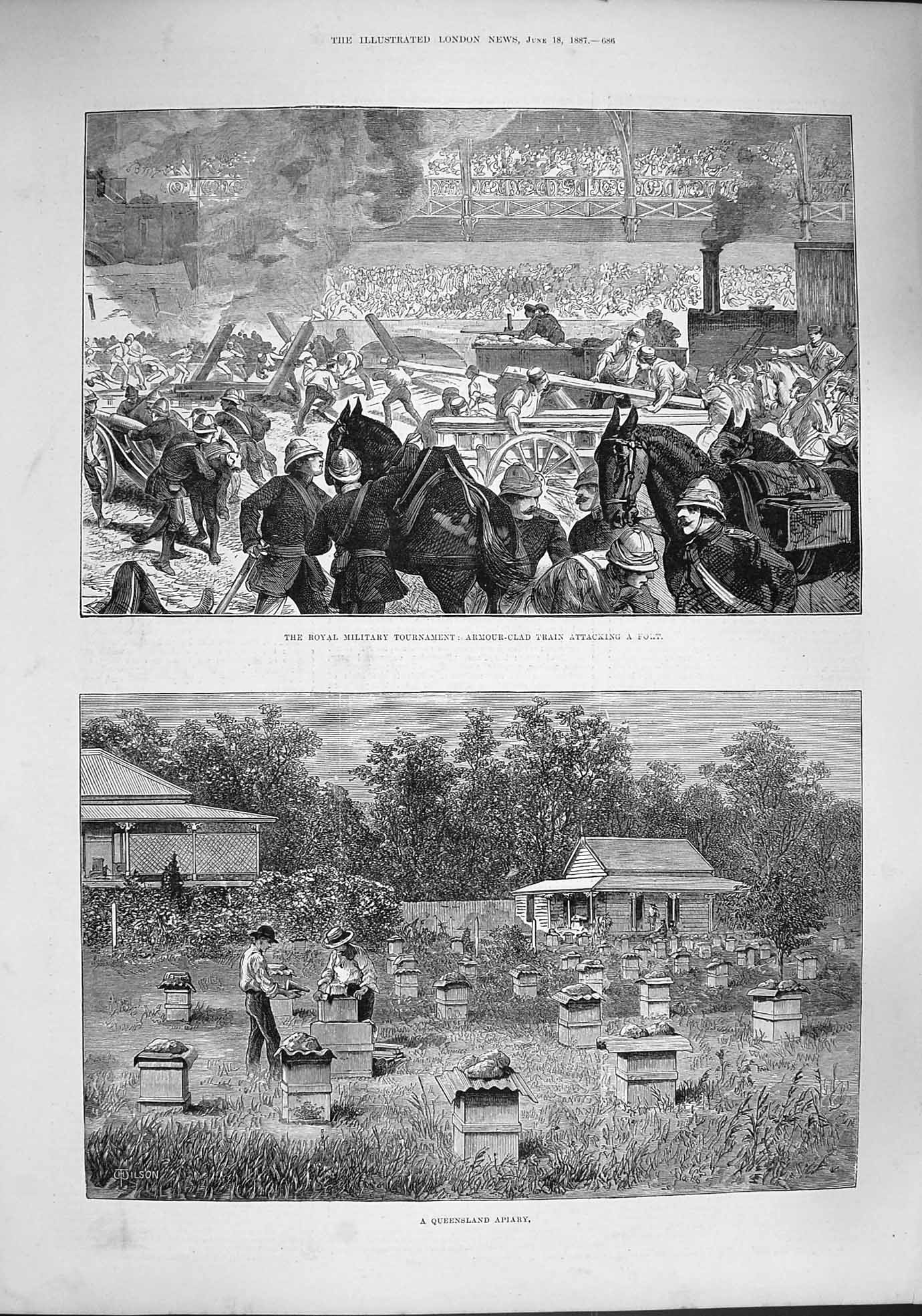 Original Old Antique Print 1887 Australia Apiary Military Tournament Siers 19th