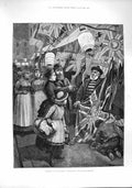 Original Old Antique Print 1887 Queen Jubilee Buying Flags Chinese Lanterns
