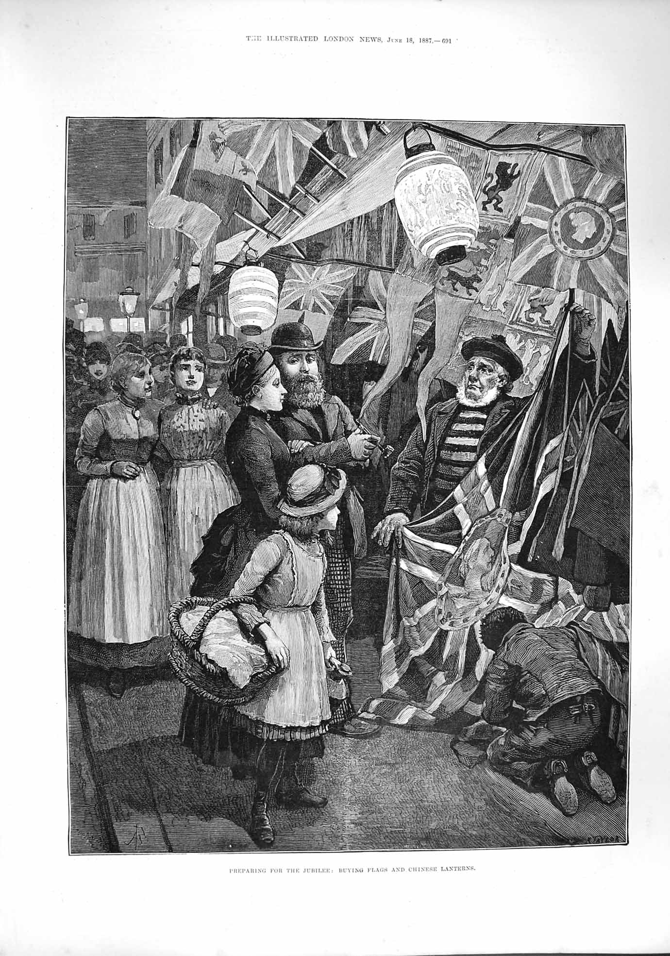 Original Old Antique Print 1887 Queen Jubilee Buying Flags Chinese Lanterns