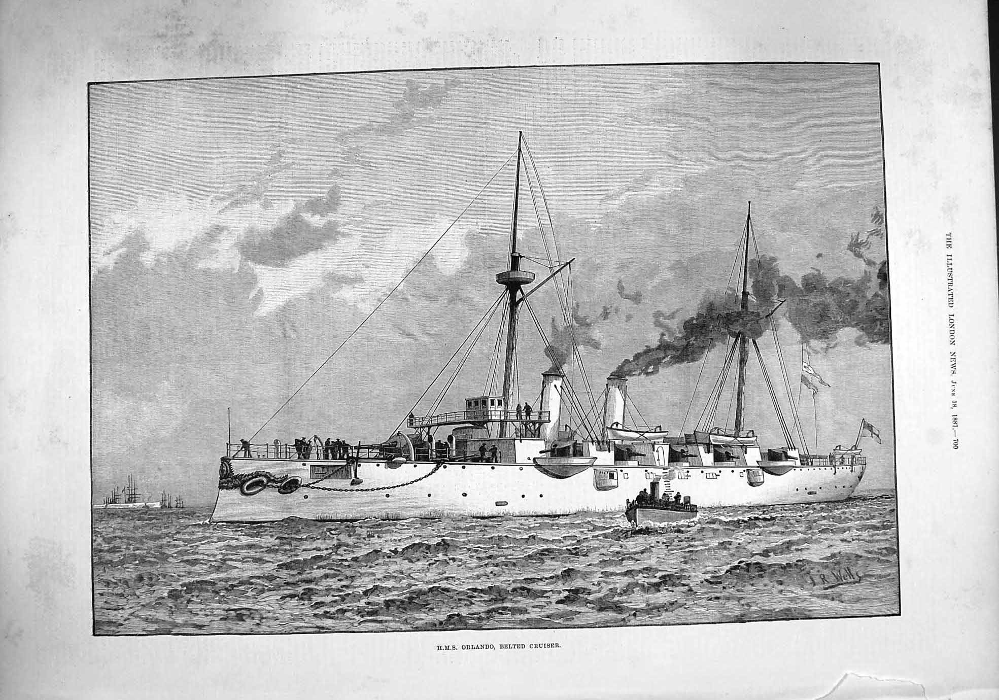 Original Old Antique Print 1887 H.M.S. Orlando Belted Cruiser Ship Victorian