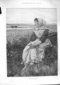 Original Old Antique Print 1887 Fine Art Young Woman Beach Fishing Boats 19th