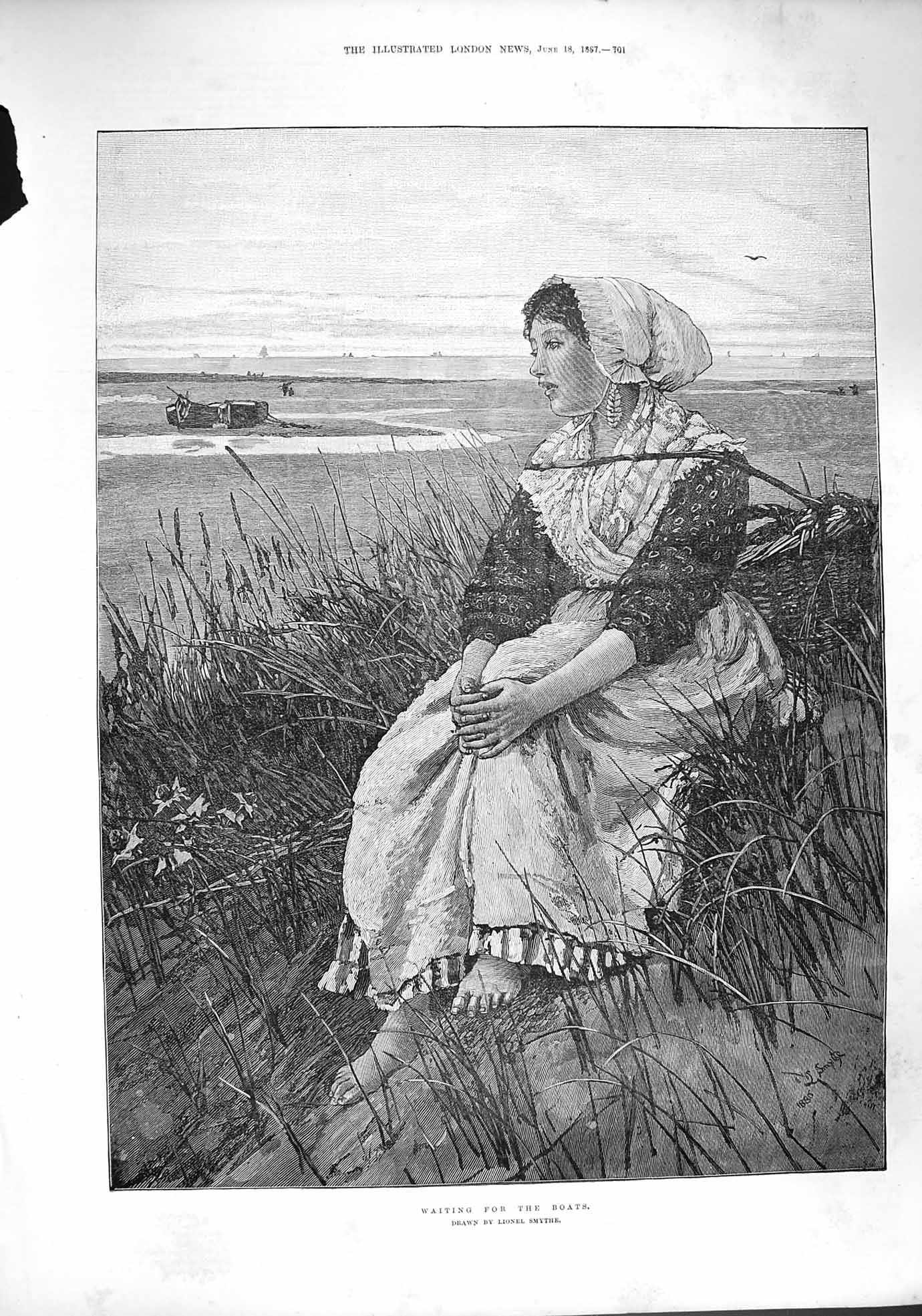 Original Old Antique Print 1887 Fine Art Young Woman Beach Fishing Boats 19th