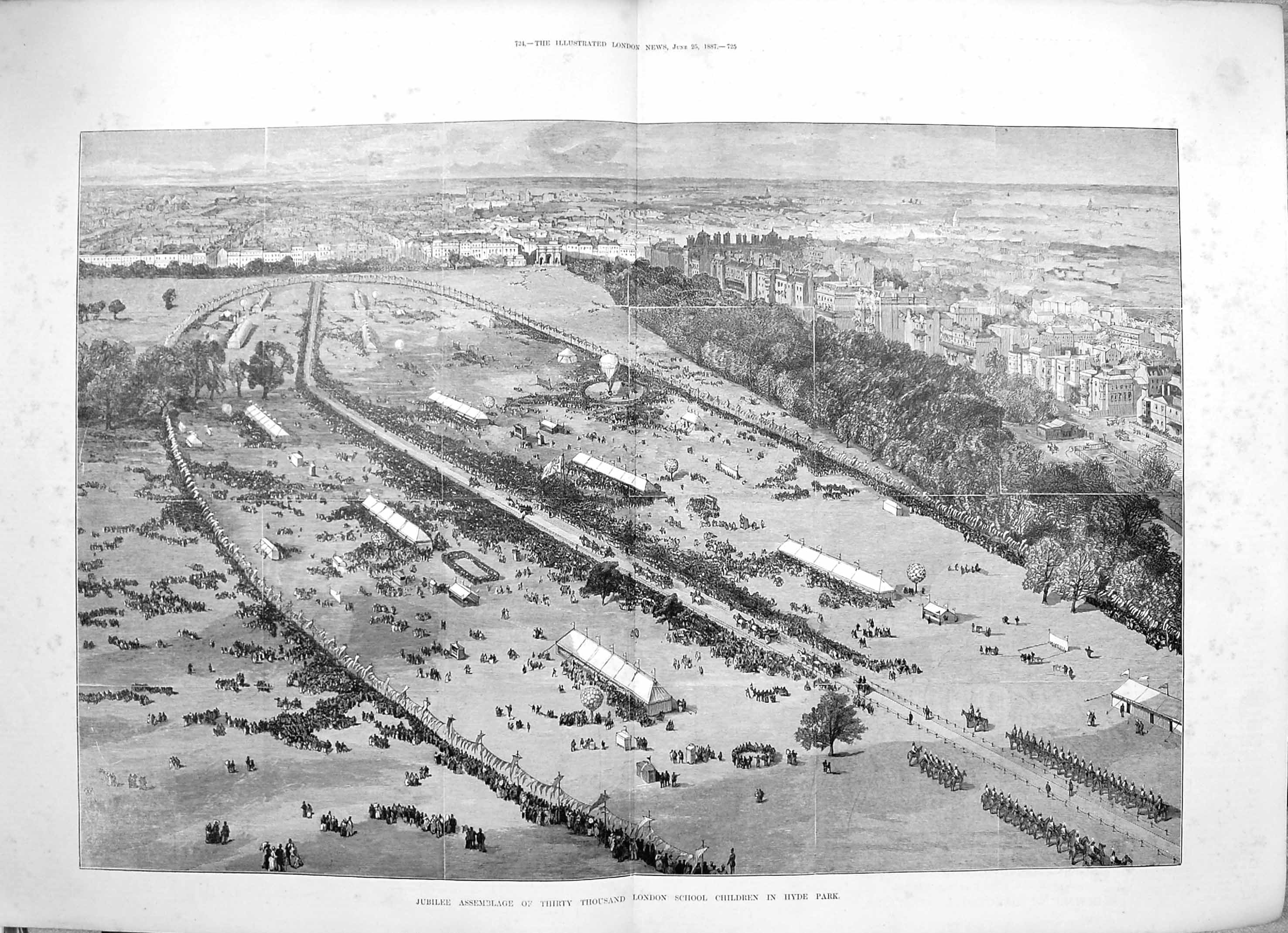 Original Old Antique Print 1887 Queen Jubilee London School Children Hyde Park