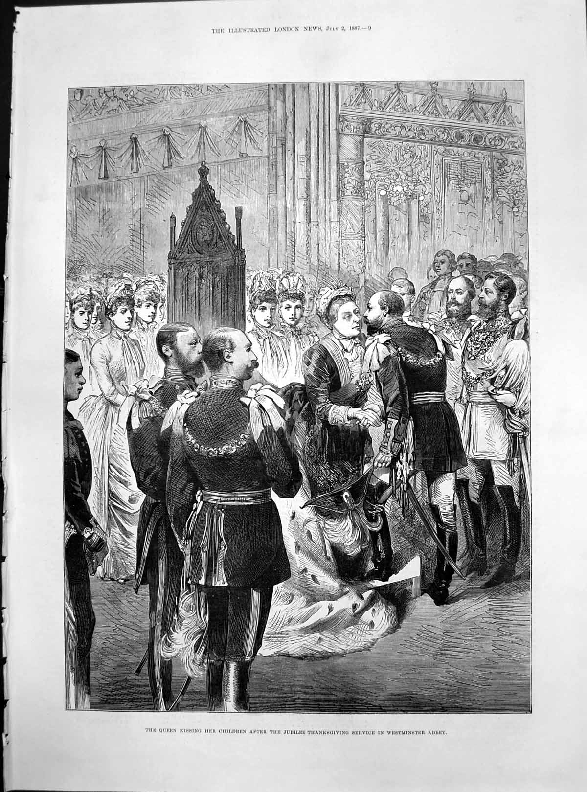 Old Print Queen Kissing Her Children Thanksgiving Westminster Abbey 1887 19th