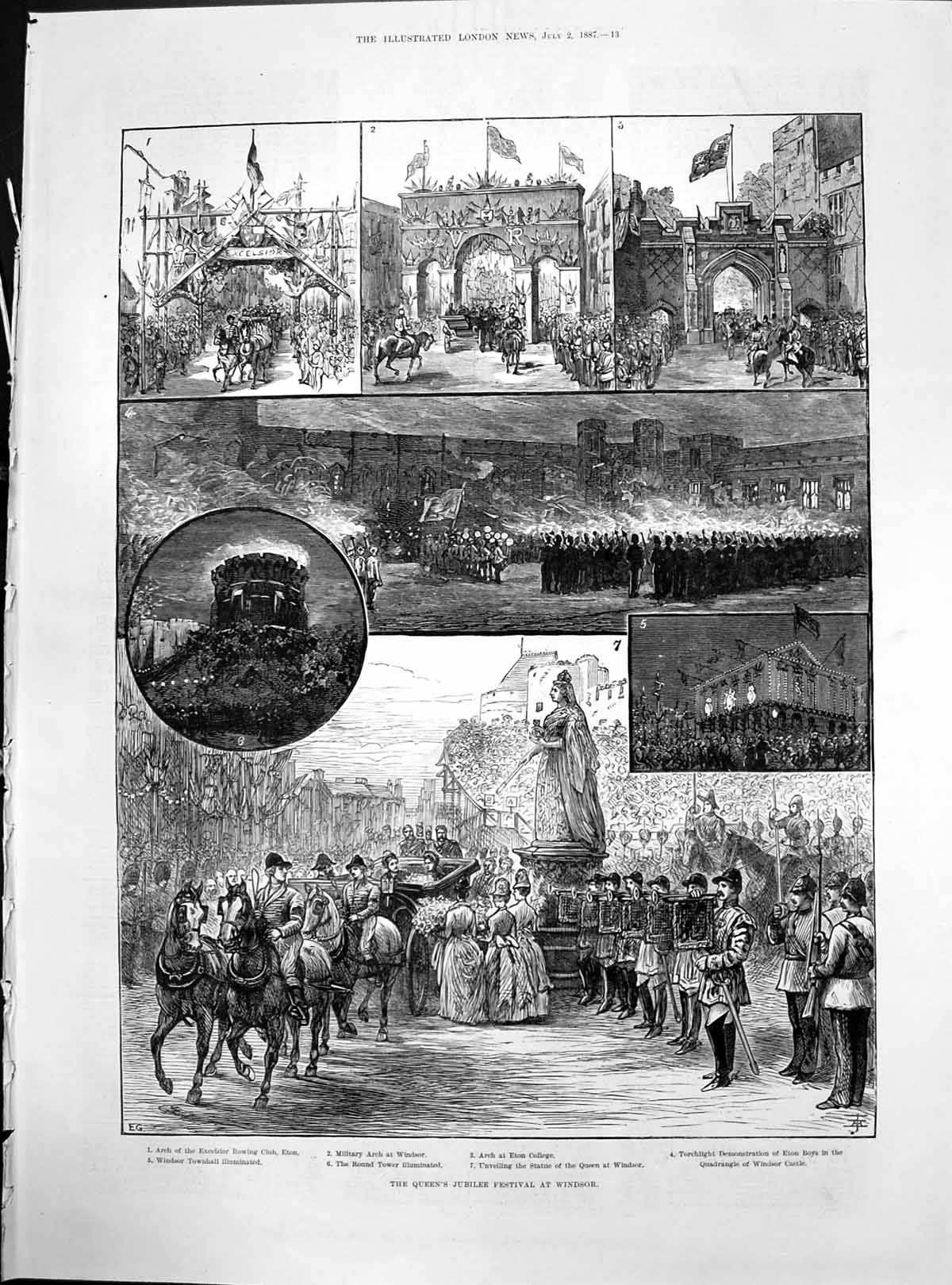 Old Print Queens Jubilee Festival Windsor Military Arch Eton College 1887 19th