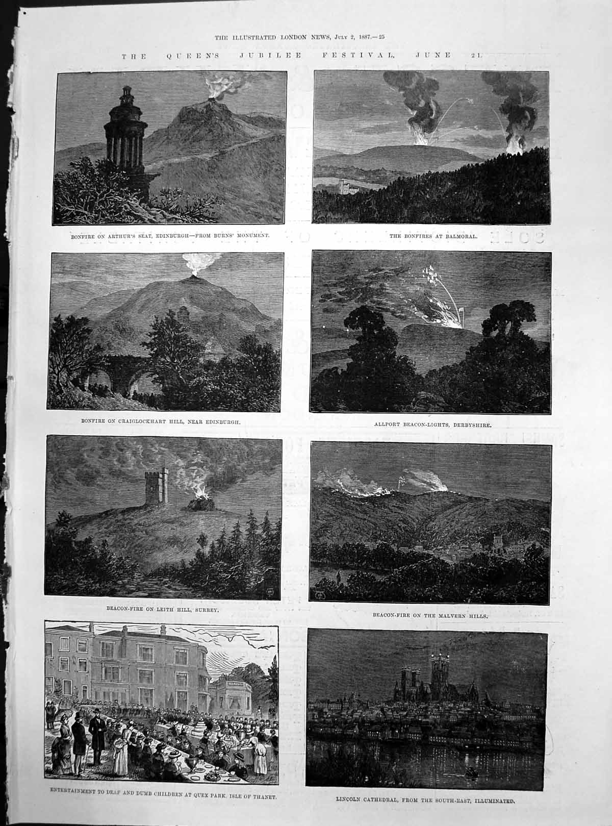 Antique Print Queens Jubilee Bonfire Balmoral Edinburgh Malvern Hills 1887 19th