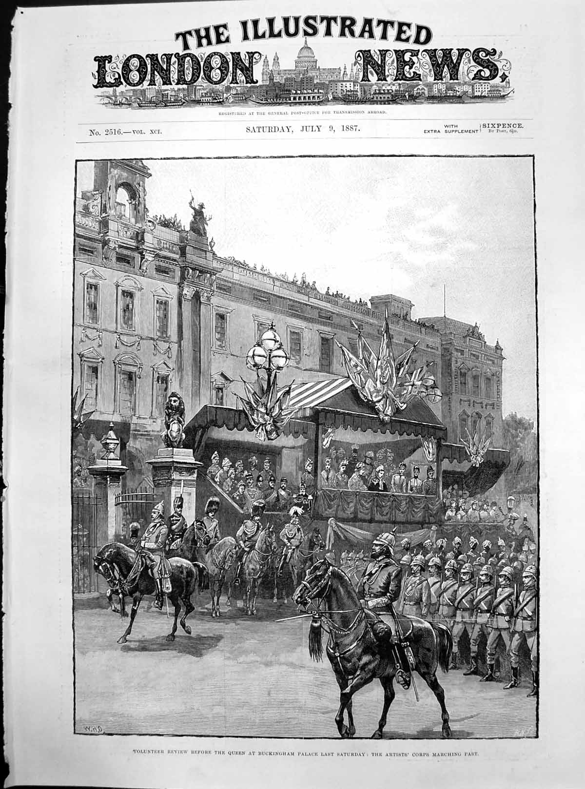 Old Print Volunteer Review Queen Buckingham Palace Bootham Bar York 1887 19th