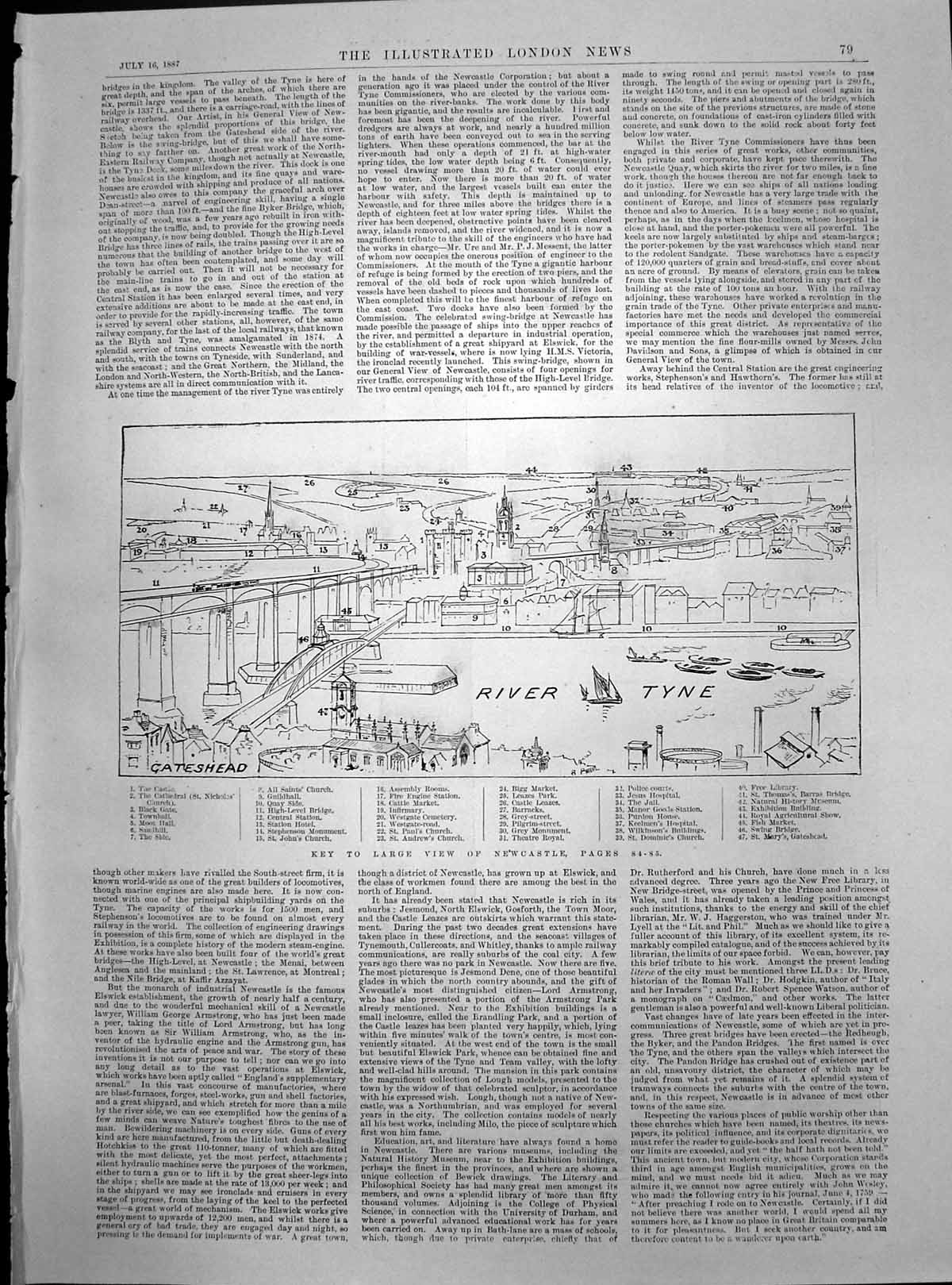Antique Print Newcastle Upon Tyne Key View Castle Black Gate Town Walls 188