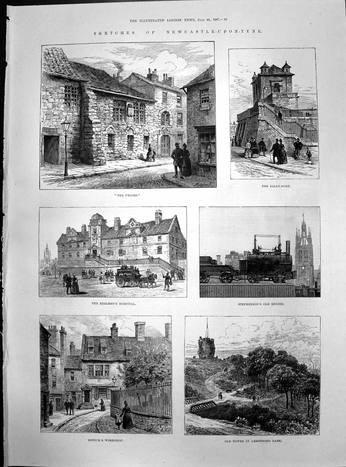 Old Print Sketches Newcastle Upon Tyne Keelmens Hospital Sally Port 1887 19th