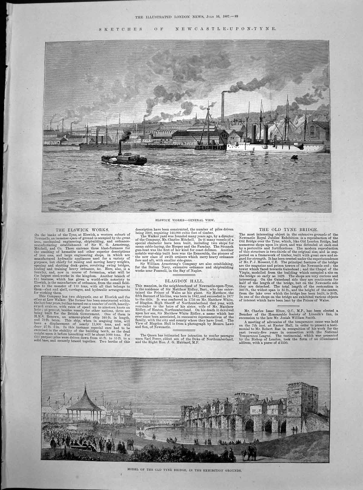 Antique Old Print Newcastle Elswick Works Model Tyne Bridge Exhibition 1887