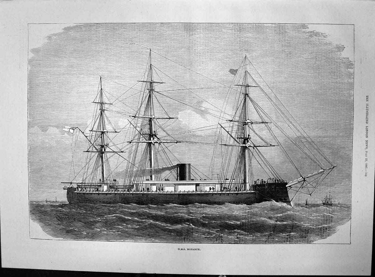 Original Old Antique Print H M S Monarch Ship Queens Jubilee Naval Review 1887