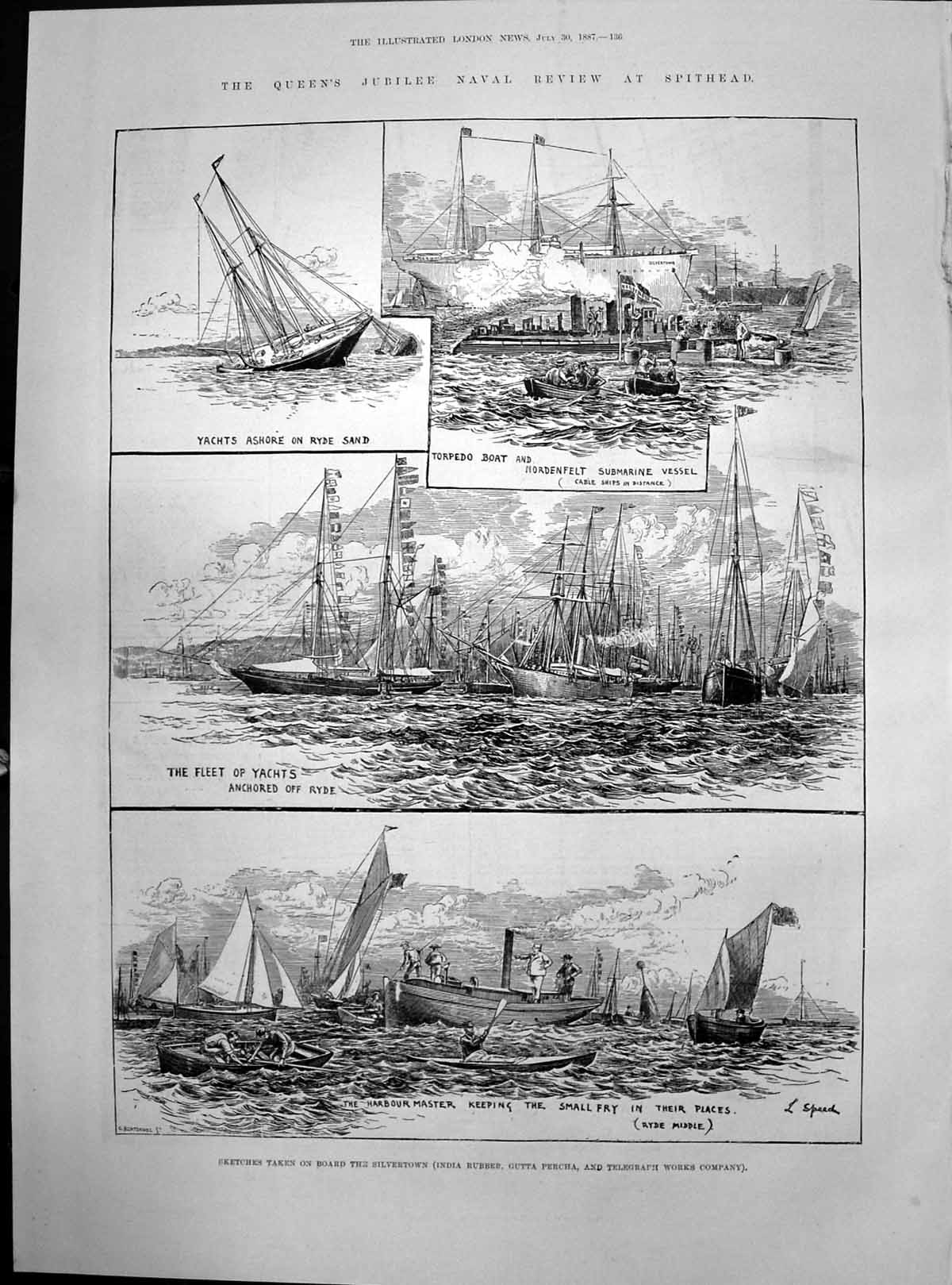 Old Print Naval Review Spithead Yachts Ryde Silvertown Torpedo Boat 1887 19th