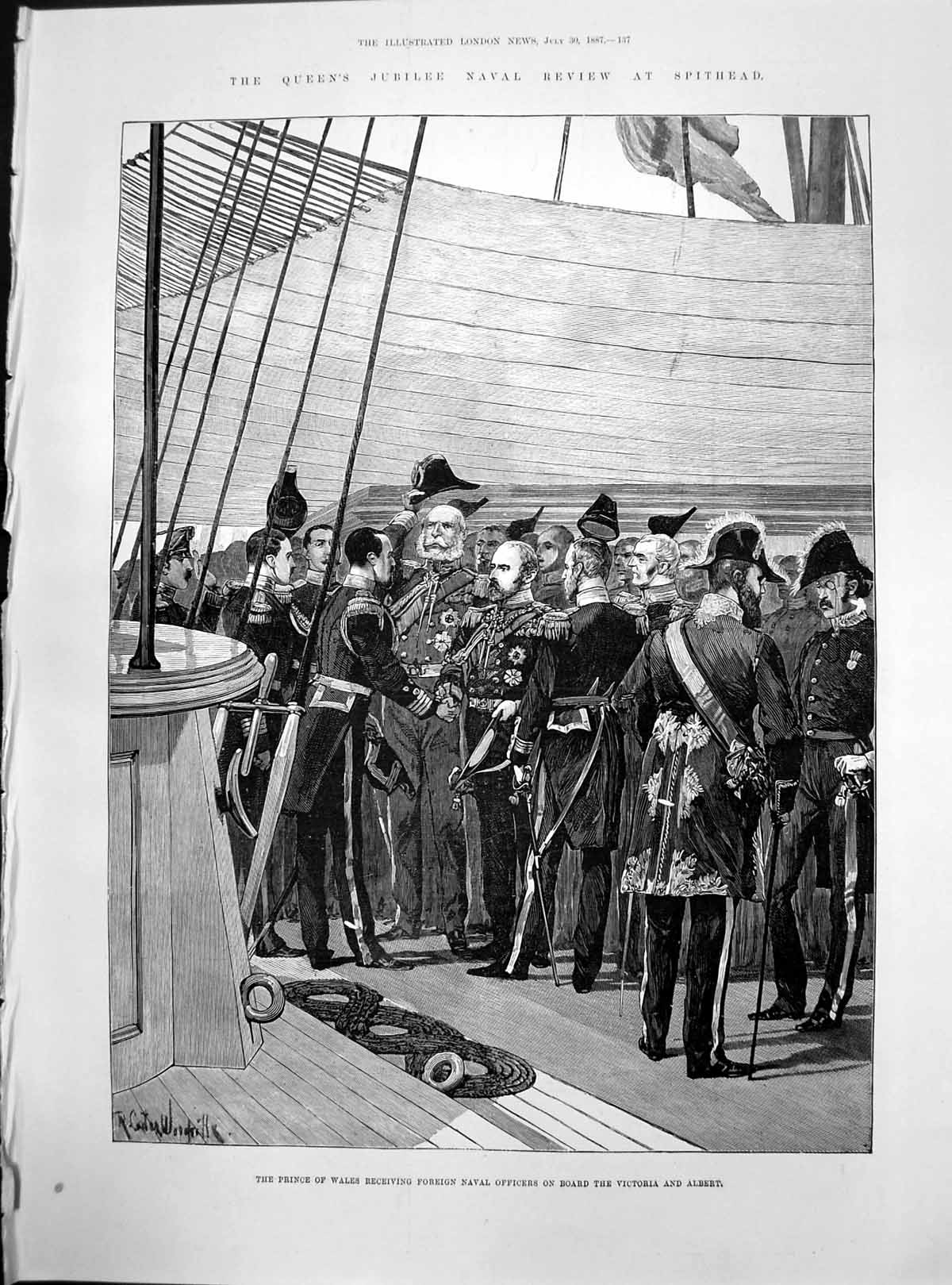 Antique Print Naval Review Spithead Prince Wales Foreign Naval Ficers 1887 19th