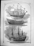 Antique Print Models English Ships War Great Harry 1514 Royal William 1670
