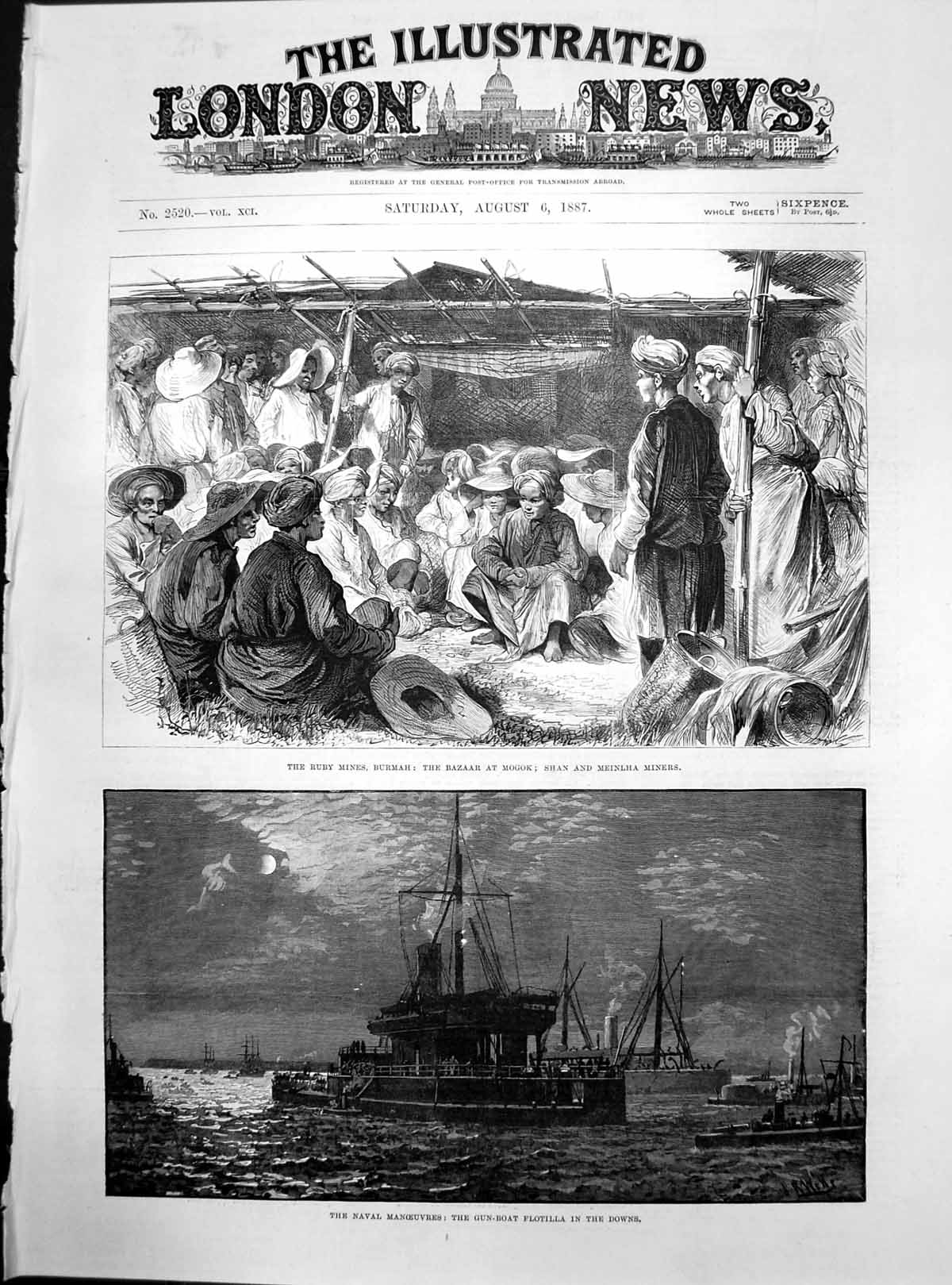 Antique Old Print Gun Boat Flotilla Downs Ruby Mines Burmah Bazaar Mogok 1887