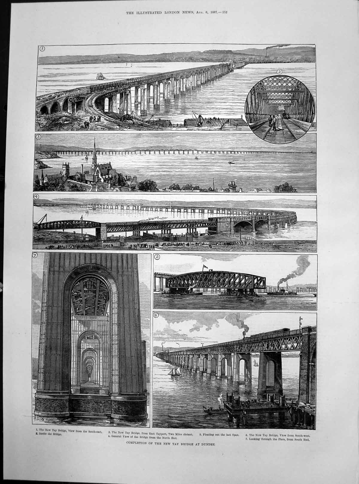 Antique Old Print Completion Tay Bridge Floating Last Span East Tayport 1887