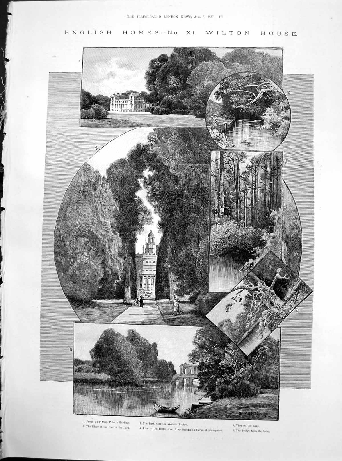Antique Print Wilton House Bridge Lake Alley House Shakespeare Gardens 1887