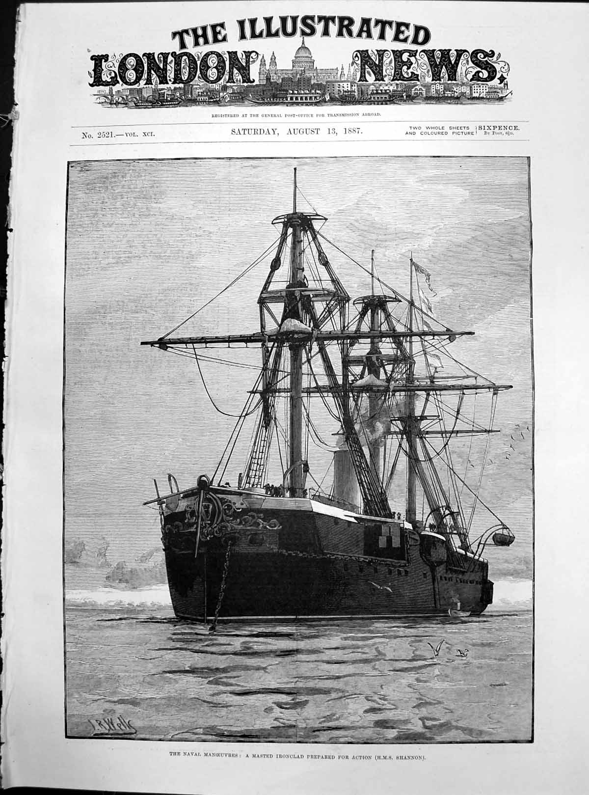 Antique Old Print Naval Manoeuvres Masted Ironclad Action Hms Shannon 1887 19th
