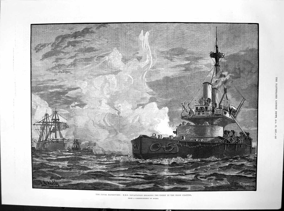 Old Naval Manoeuvres Hms Devastation Engage Enemy Irish Channel 1887 Victorian