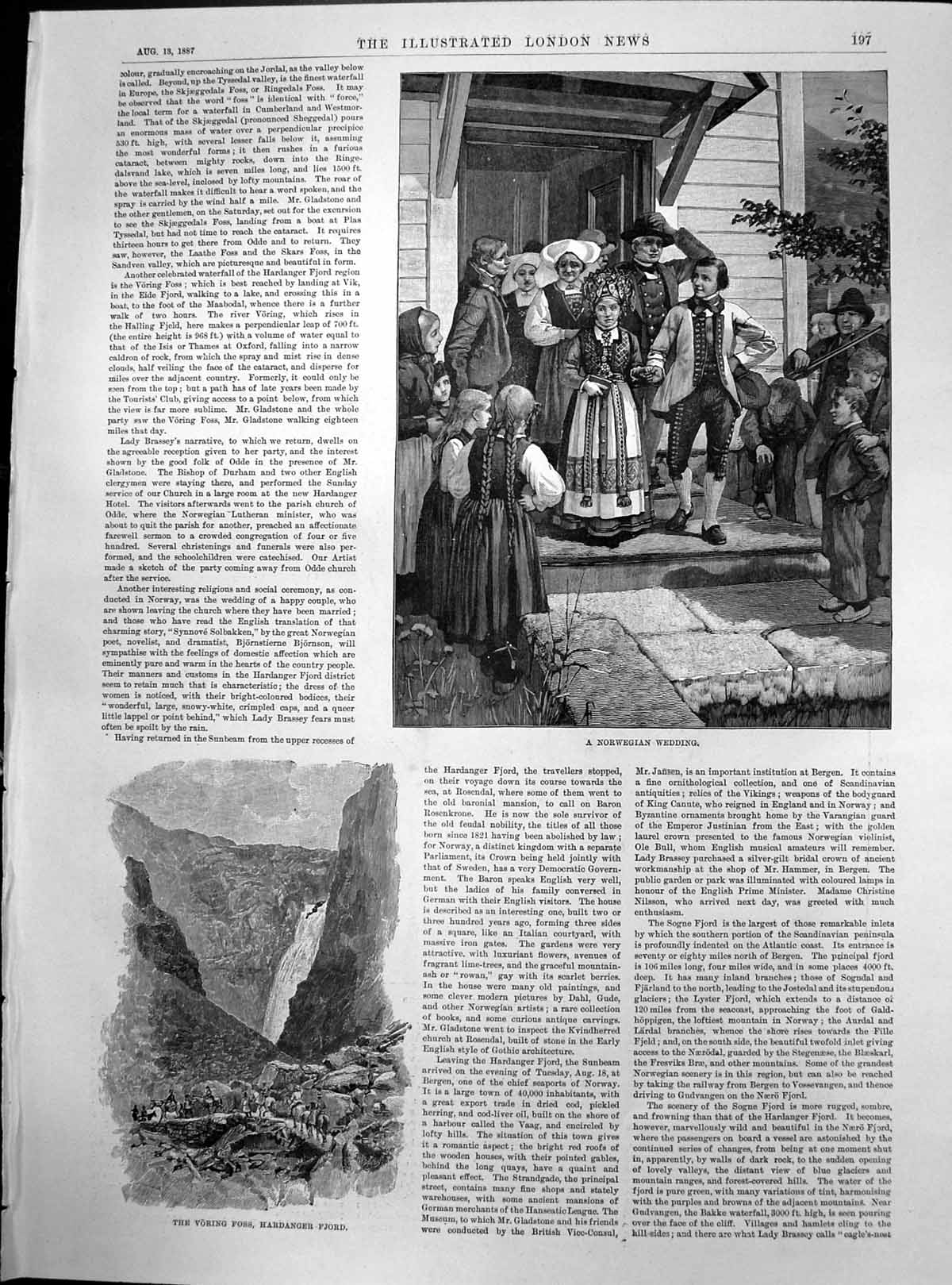 Antique Print Gudvangen Fjord Norwegian Wedding Voring Foss Hardanger 1887 19th
