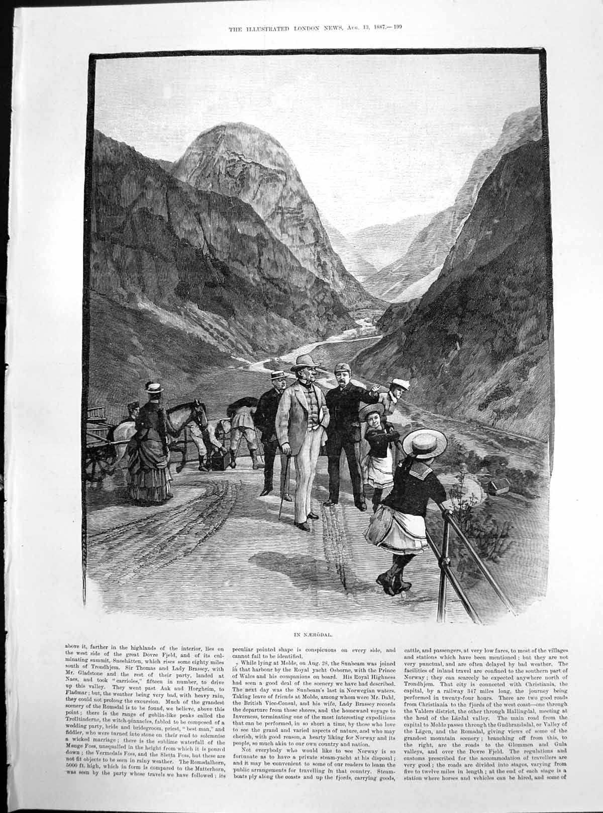 Antique Print Norway Naerodal Aalesund Flaam River Urnaes Church Sogne 1887