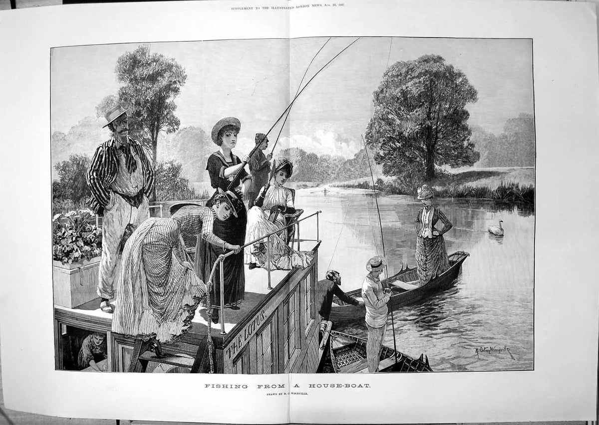 Old Fishing From House Boat Lotus Lady Small Boat R C Woodville 1887Victorian