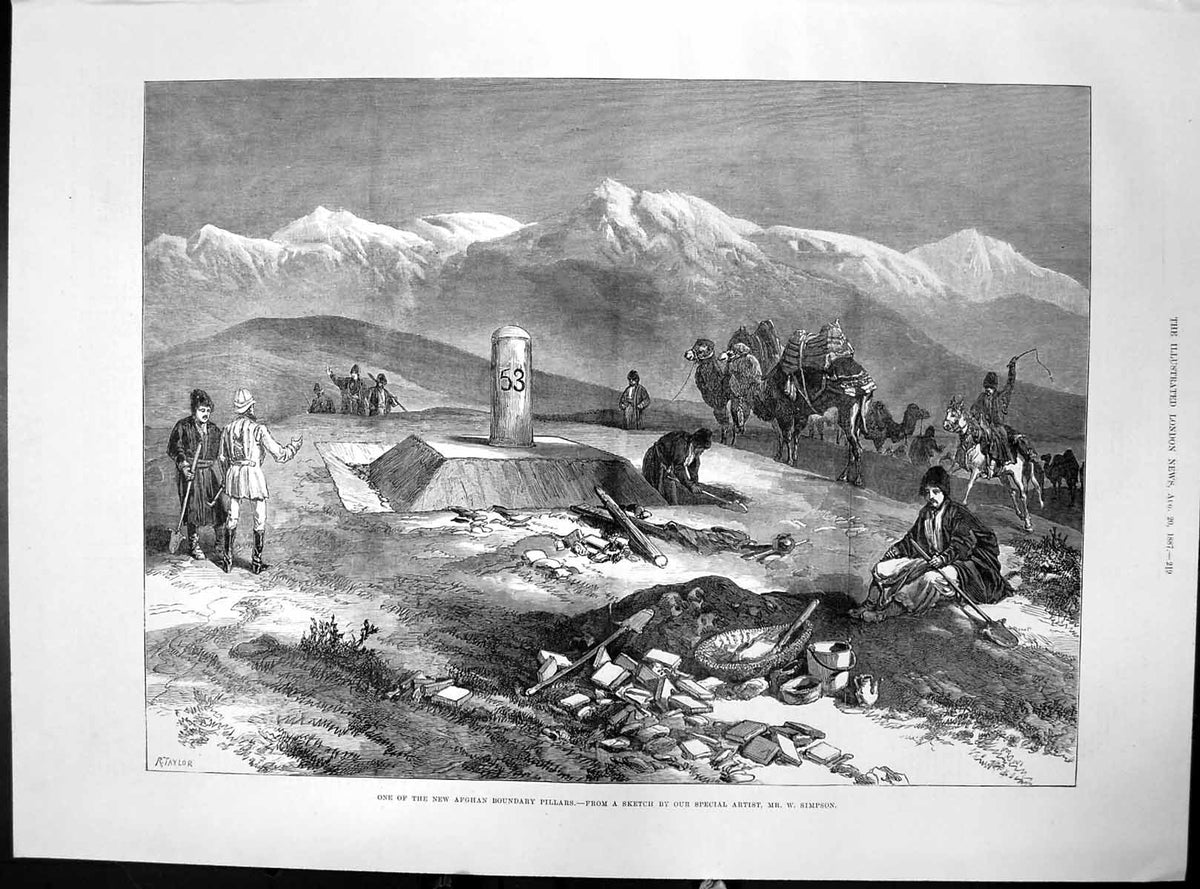 Antique Old Print New Afghan Boundary Pillar W Simpson 53 Camels Siers 1887