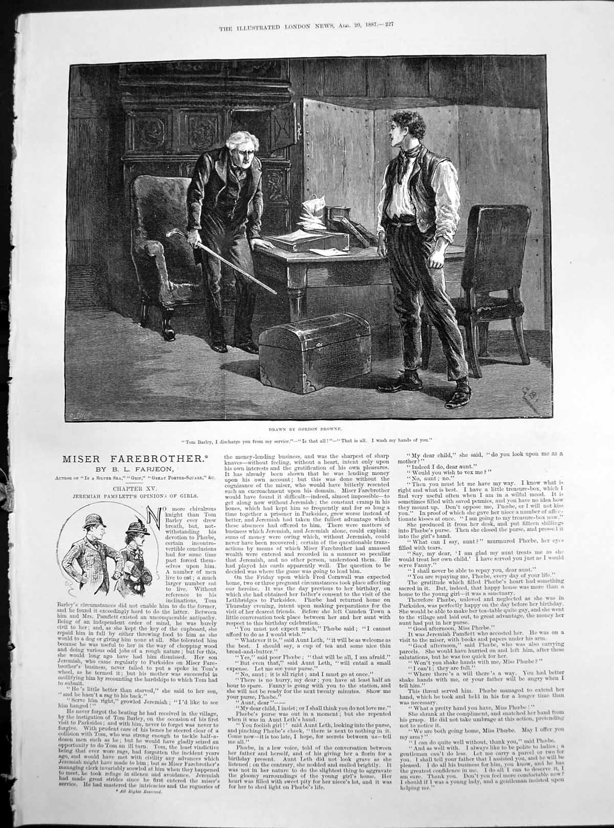 Antique Old Print Miser Farebrother Tom Barley Discharged Service Man 1887 19th