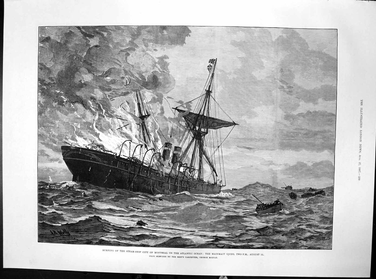 Antique Print Burning Steam Ship City Montreal Atlantic Ocean Mainmast 1887
