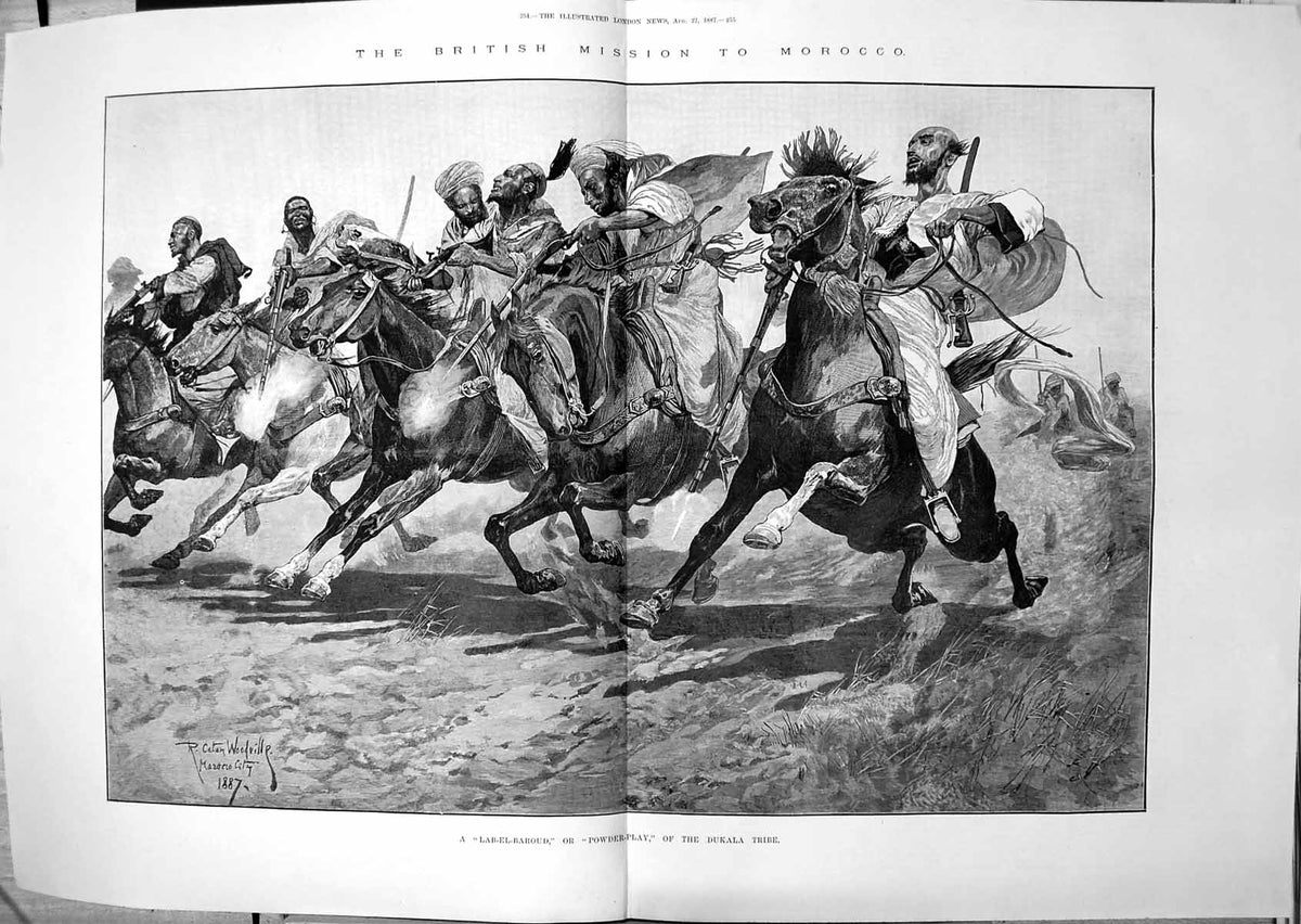 Old Antique Print British Mission Morocco Powder Play Dukala Tribe 1887 19th
