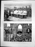 Old Print Roman Catholic Pilgrimage Lindisfarne Holy Isle Abbey Mass 1887 19th
