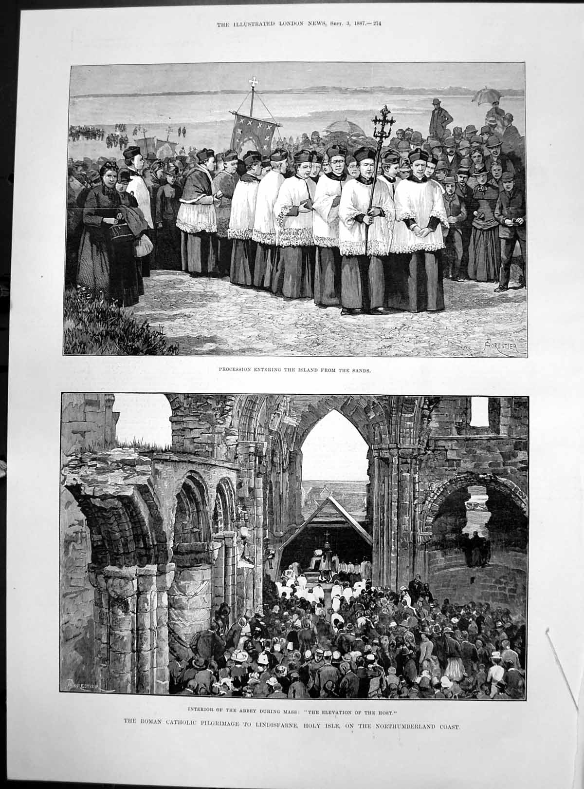 Old Print Roman Catholic Pilgrimage Lindisfarne Holy Isle Abbey Mass 1887 19th