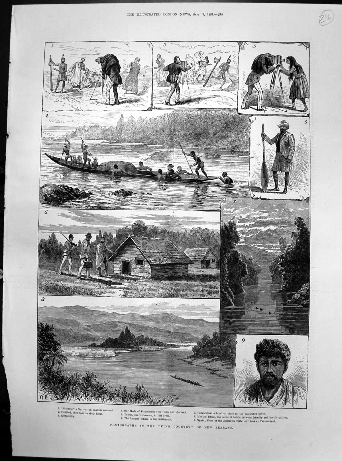 Antique Old Print King Country New Zealand Whare Settlement Tangarakau 1887