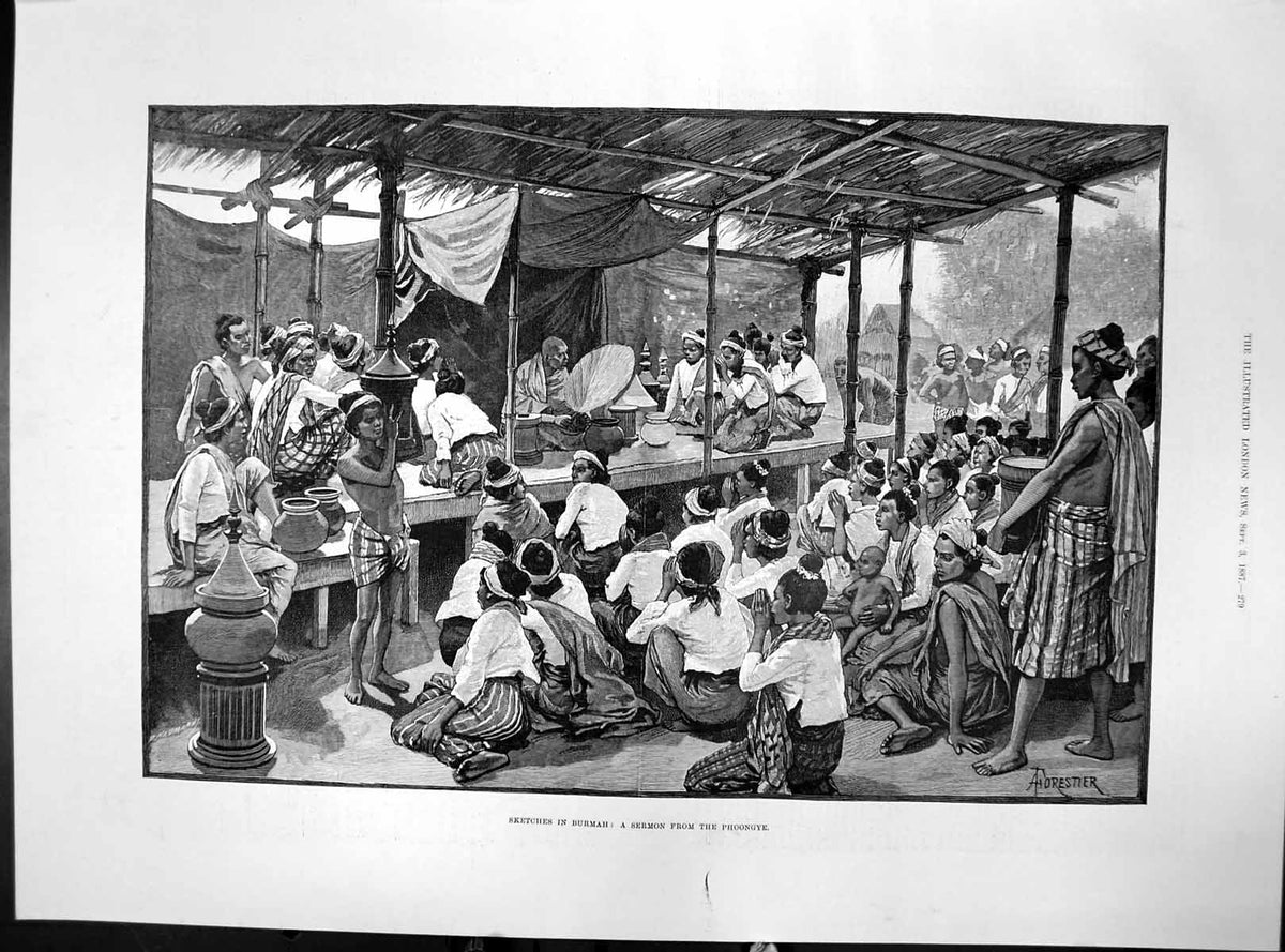 Old Antique Print Sketches Burmah Sermon From Phoongye A Forestier 1887 19th