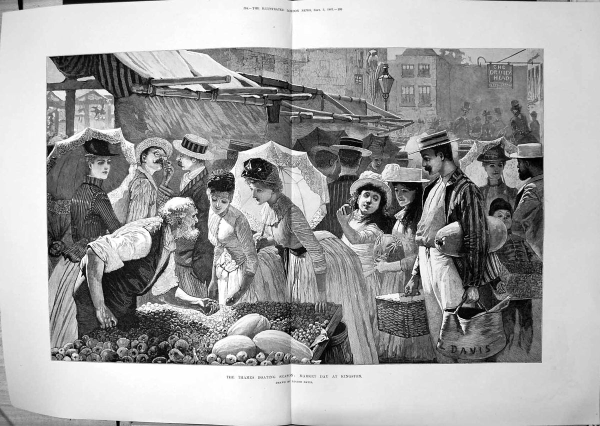 Antique Print Thames Boating Season Market Day Kingston Lucien Davis 1887 19th
