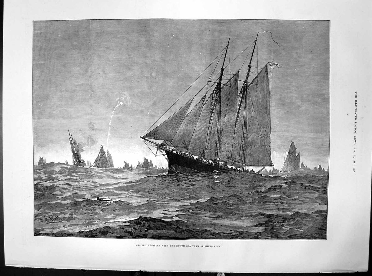 Antique Old Print English Cruisers With North Sea Trawl Fishing Fleet 1887 19th
