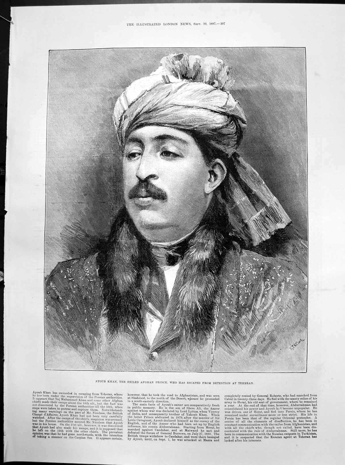 Old Print Ayoub Khan Exiled Afghan Prince Escaped Detention Teheran 1887 19th
