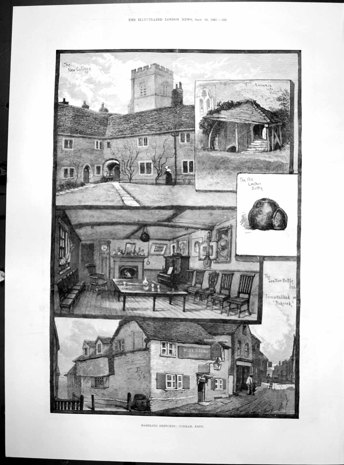 Antique Print Cobham Kent New College Entrance Hall Leather Bottle Inn 1887