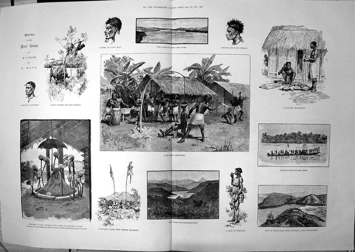 Old Sketches River Congo Vivi Isanghila Ba-Yanzi Man Woman Canoe 1887 19th