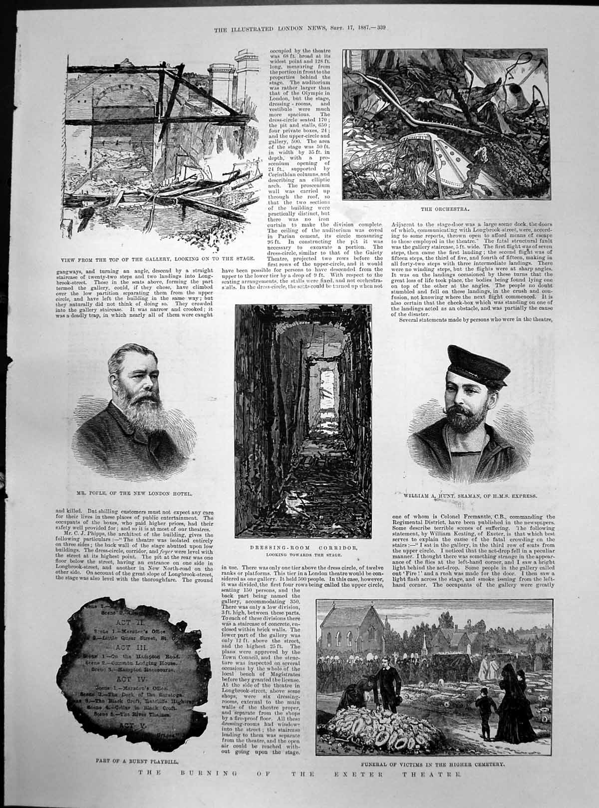 Antique Old Print Plan Burning Exeter Theatre Orchestra Funeral Victims 1877