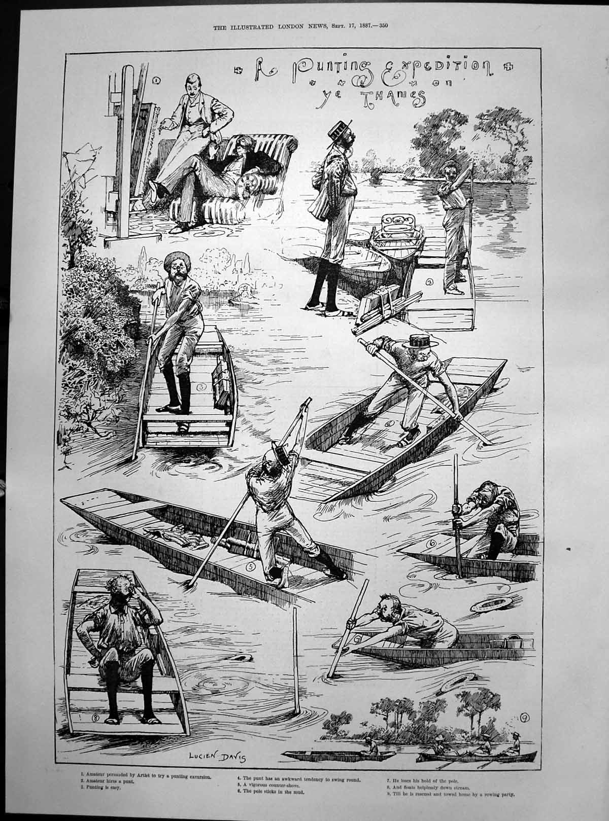 Old Print Punting Expedition Thames Swings Round Loses Pole Rescued 1887 19th