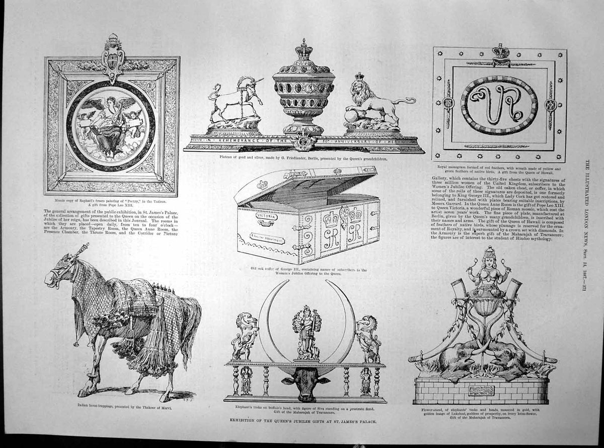Old Print Queens Jubilee Gifts St James Palace Oak Cfer Flower Stand 1887 19th