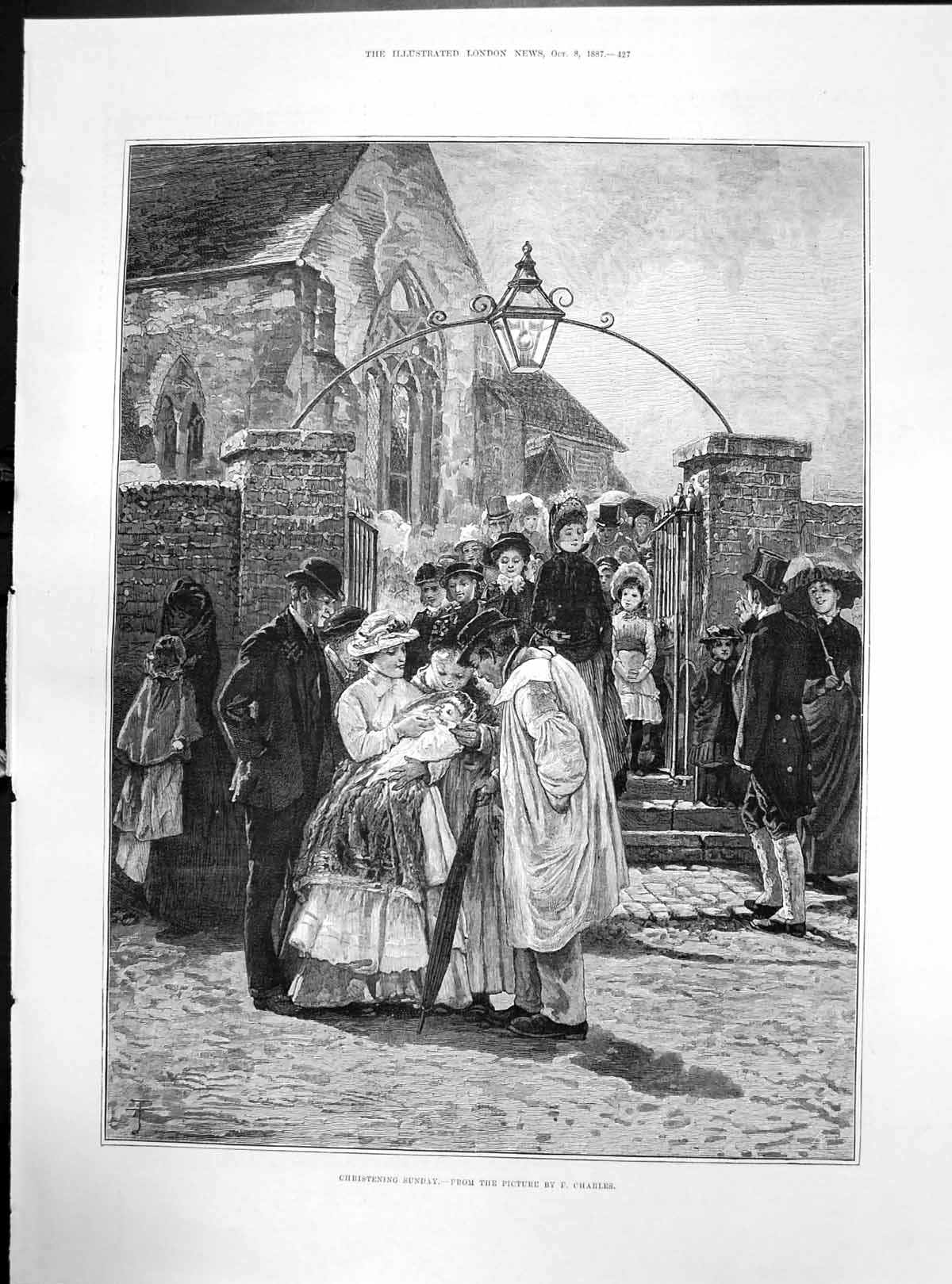 Old Print Christening Sunday F Charles Outside Church Admiring Baby 1887 19th